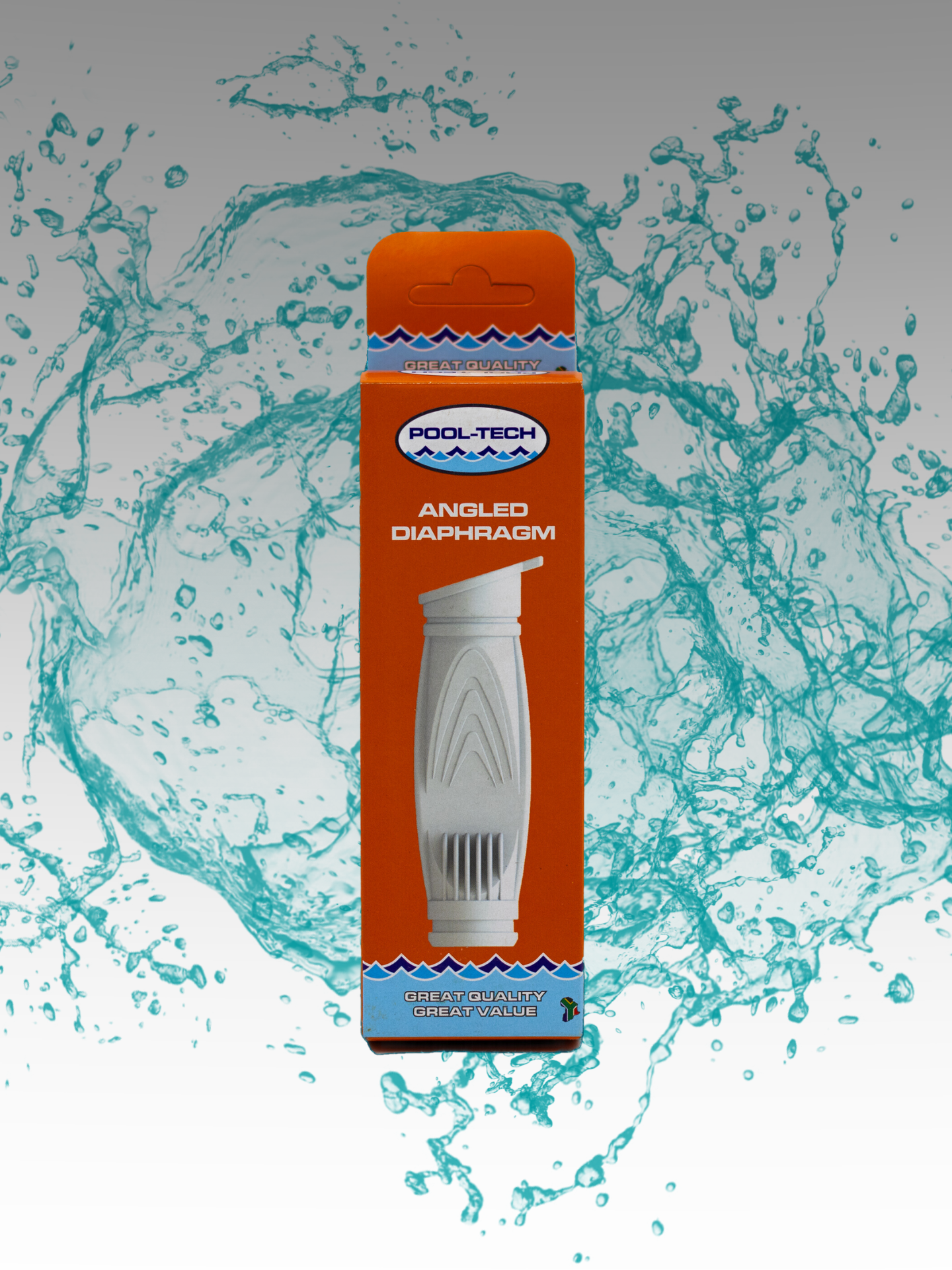 Packaging of angled diaphragm with a white and orange color scheme and a graphic of water splashing around.