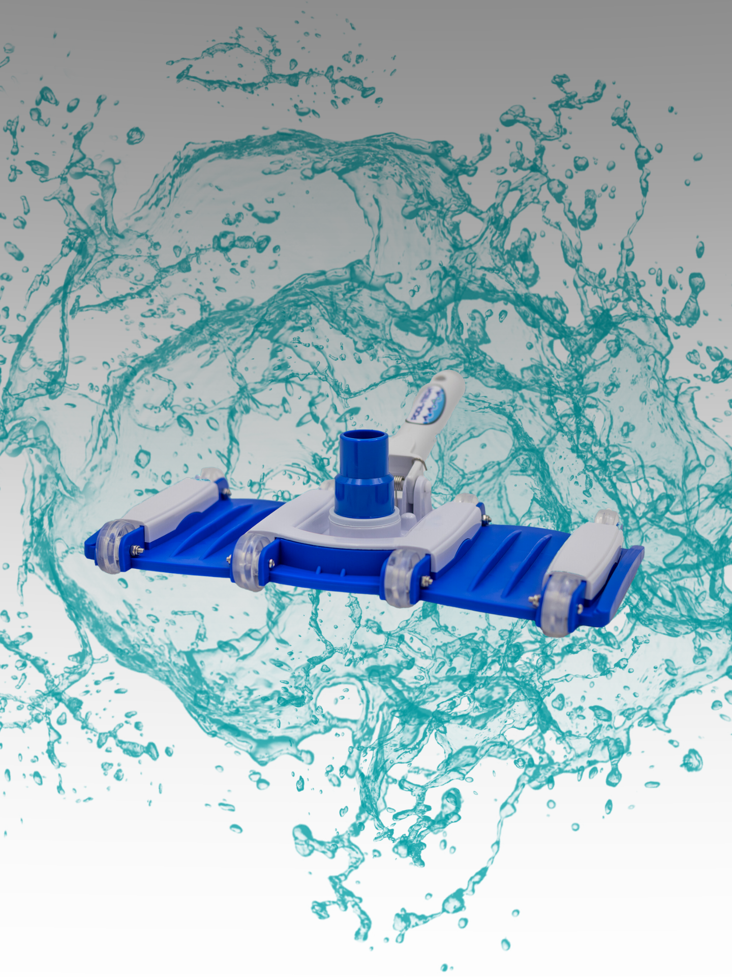 An 8 Wheel Sweeper for pools, with blue, white, and gray colors, featured in a dynamic water splash background.