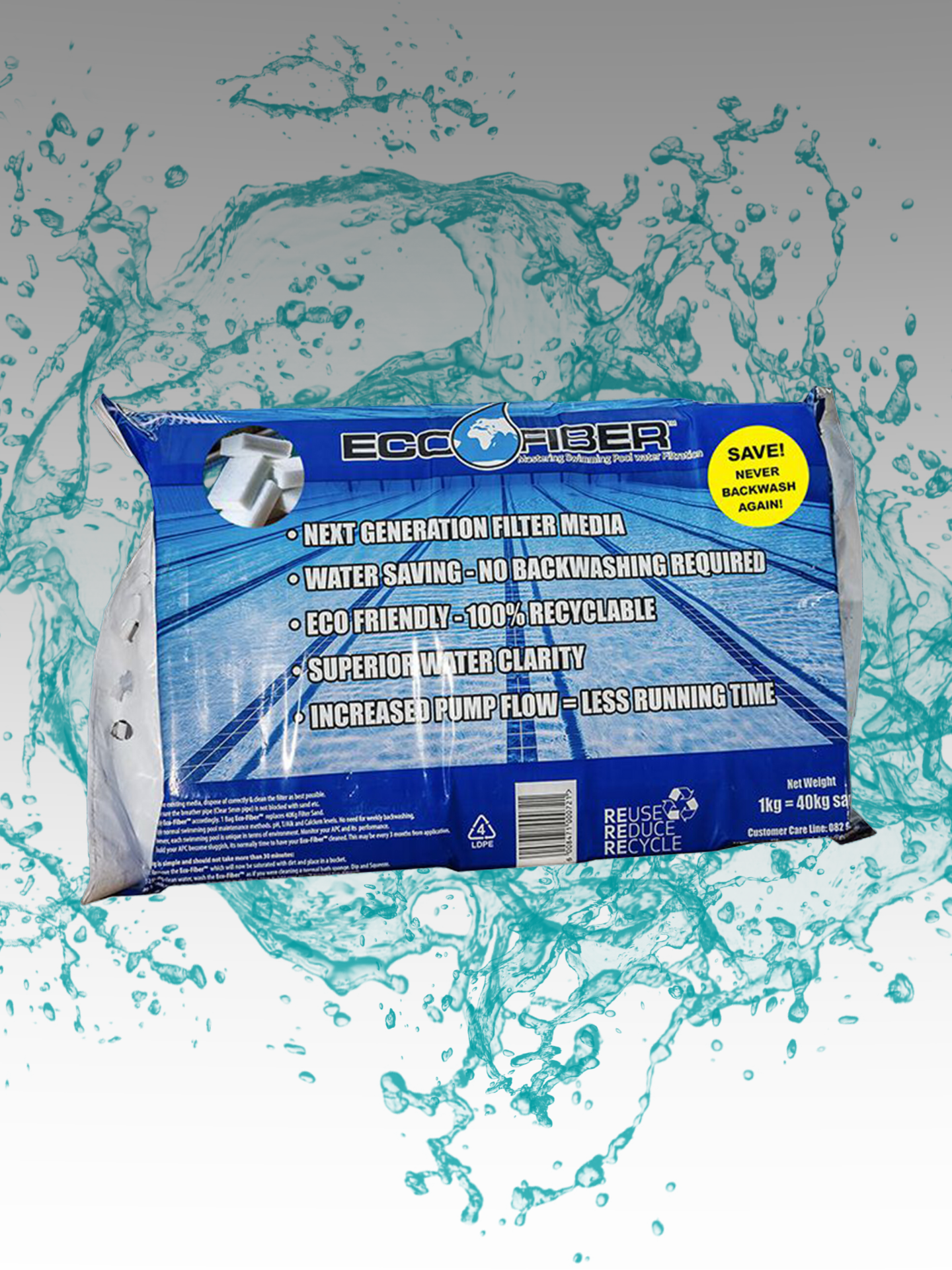 Eco Fiber pool filter media, featuring the product's benefits such as saving 3500 Liters of water every month, and being lightweight and eco-friendly.