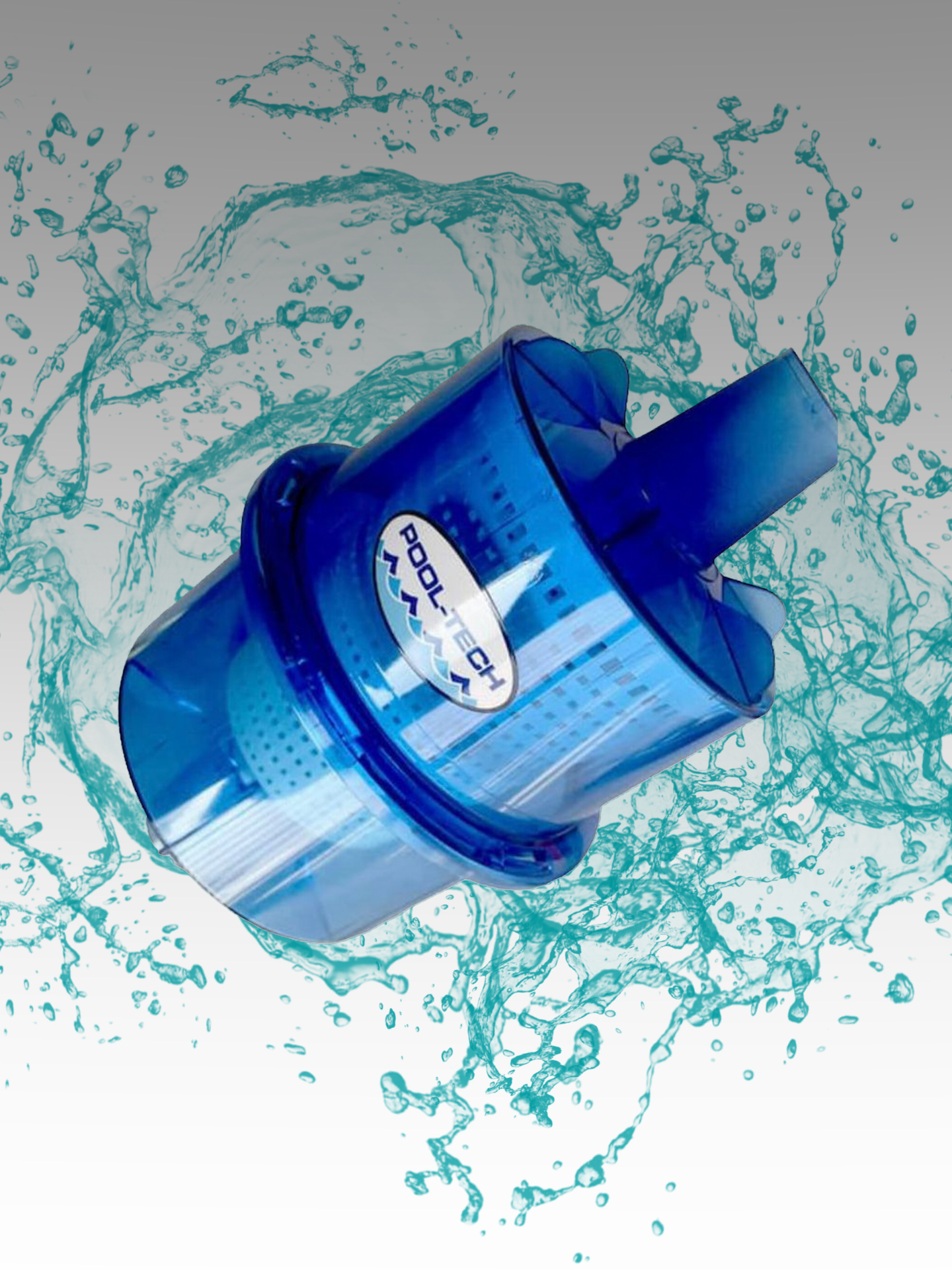 A blue Inline Leaf Catcher with a white label, surrounded by rising water droplets, indicating its function in a pool cleaning system.