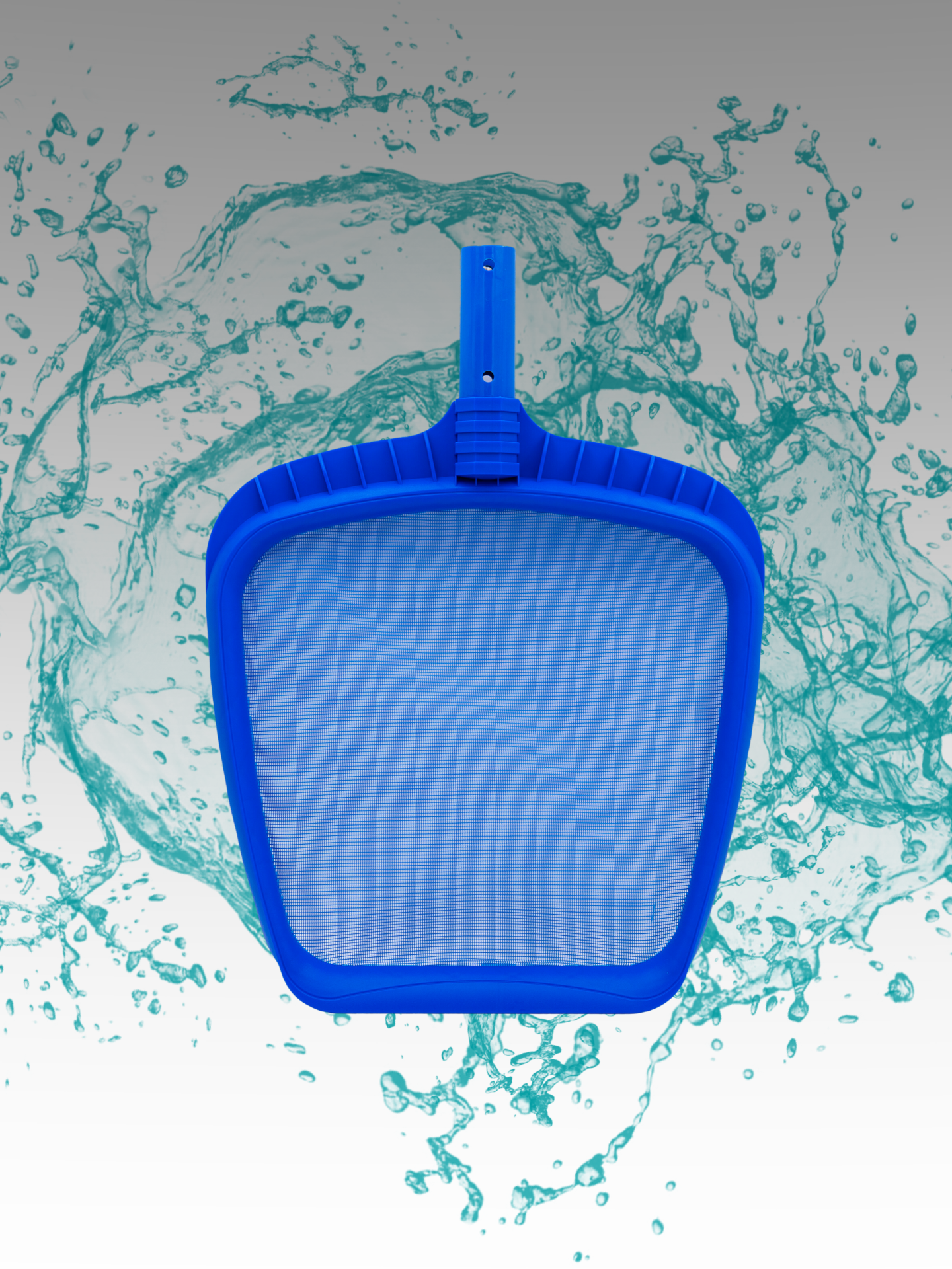 A blue leaf skimmer with a sturdy net, placed on a pool of water, with a splash of water around it.