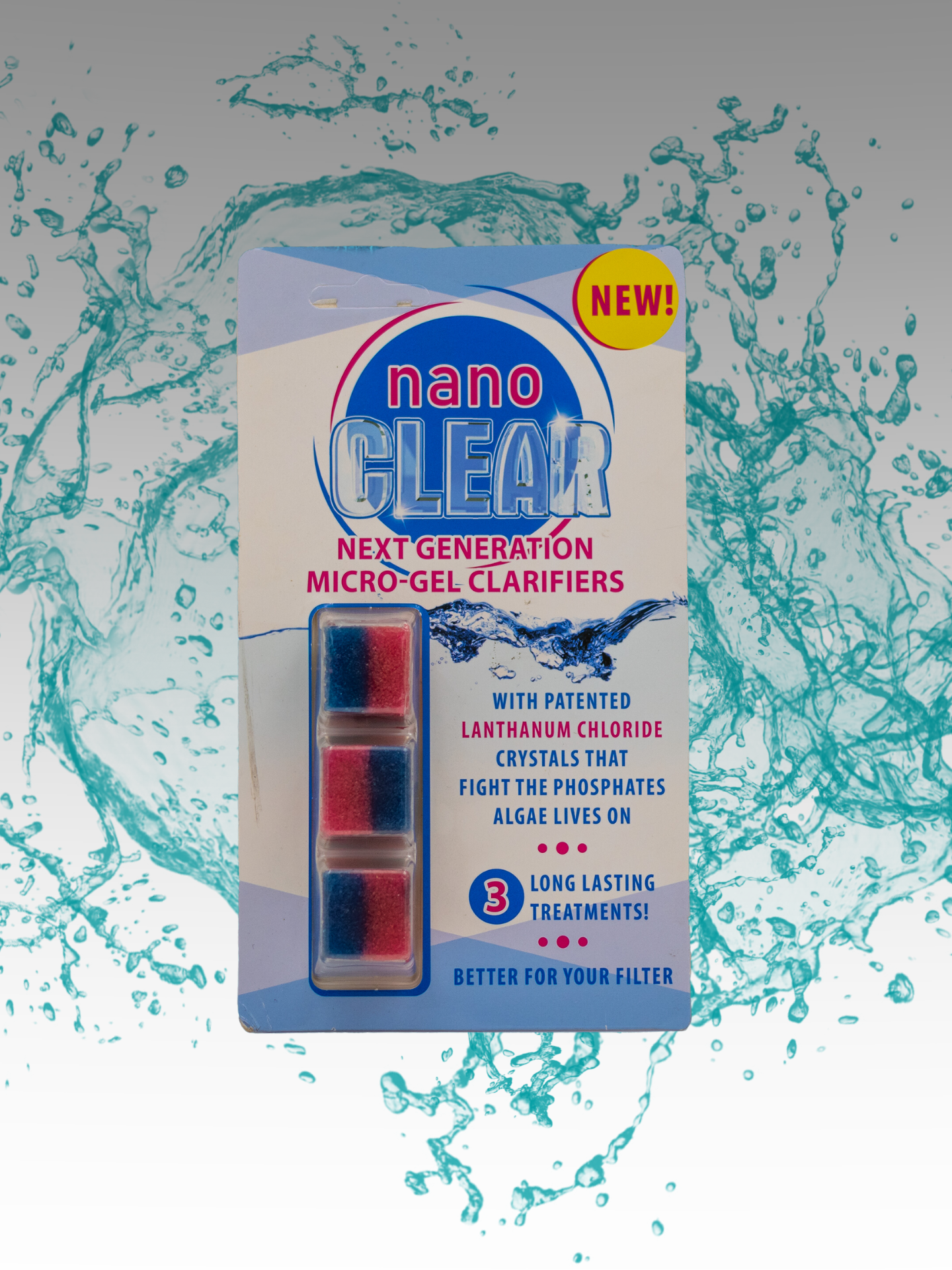 nano gels product image with a water splash background