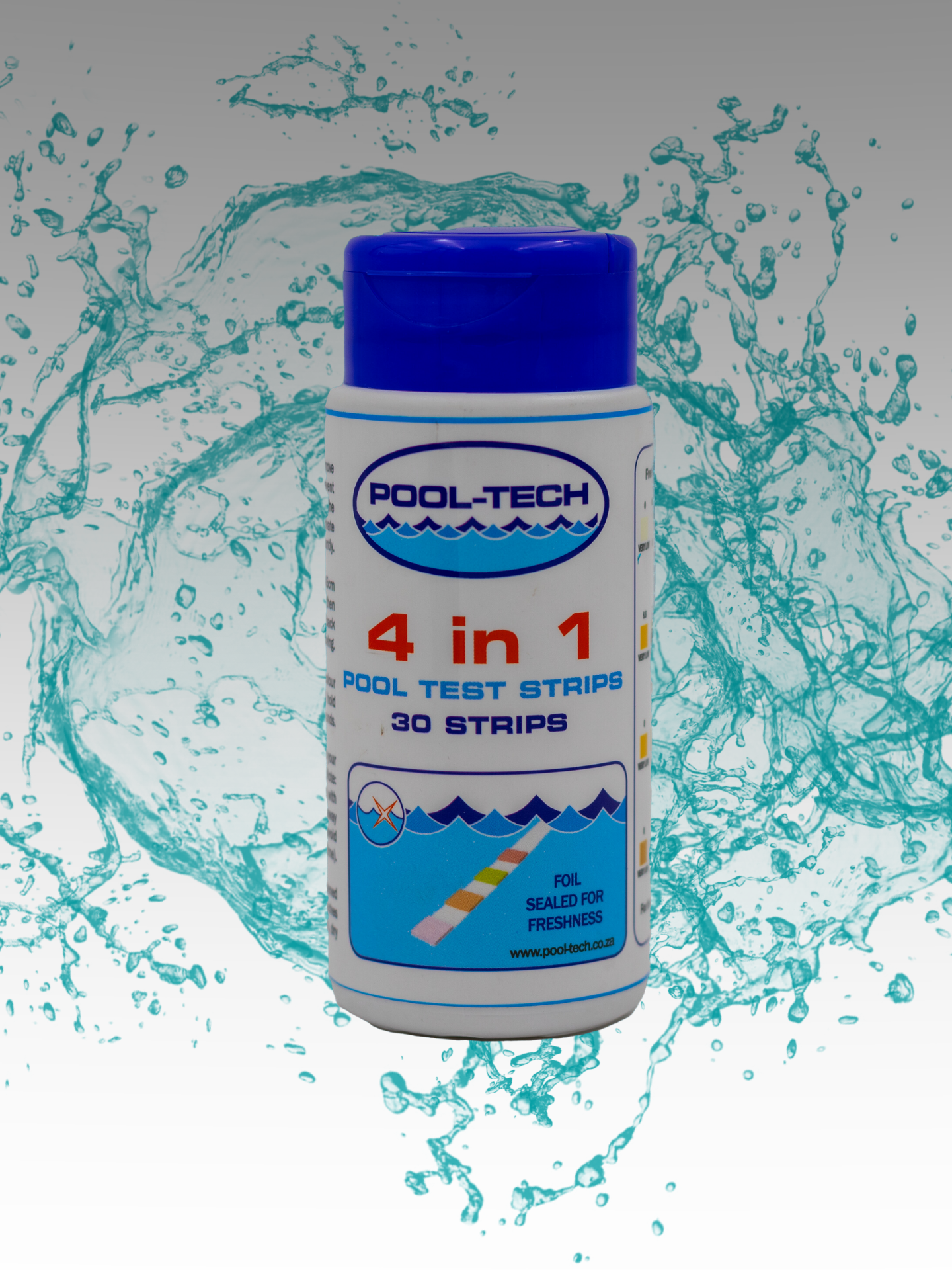 A bottle labeled '4 in 1 Test Strips' for pool water testing with a graphic of a pool and water splashing around it.