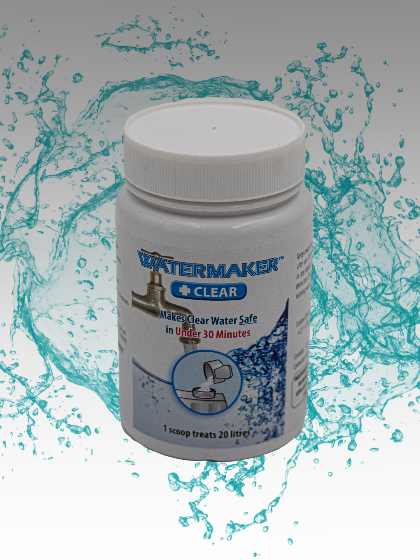 A container of Water Maker Clear water purifier with a splash of water graphic behind it, indicating the purification process.