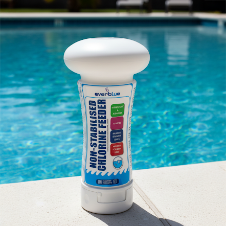 Non-stabilised chlorine feeder by everBlue on a poolside background