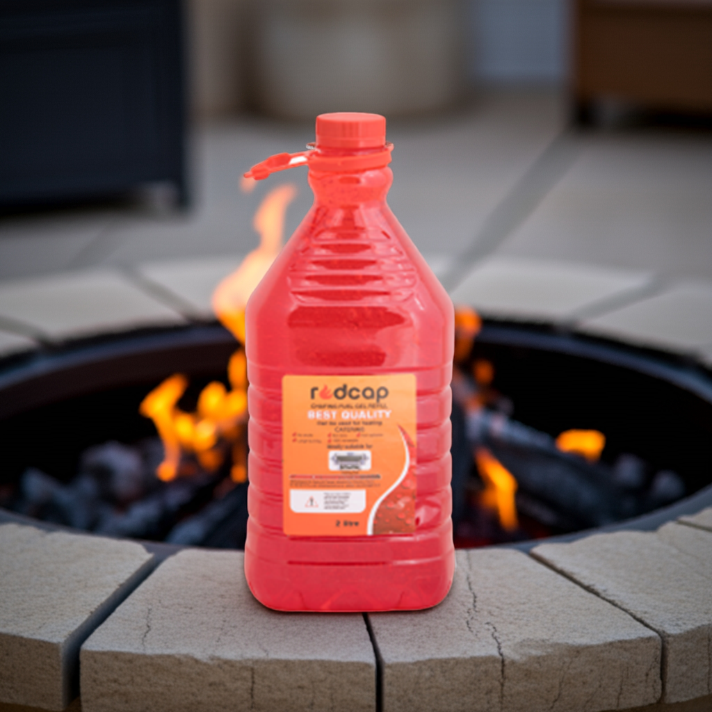 Redcap Red bottle in front of a fire pit