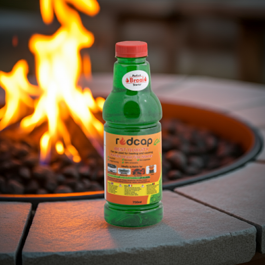 'redcap' Green bottle in front of a fire pit.