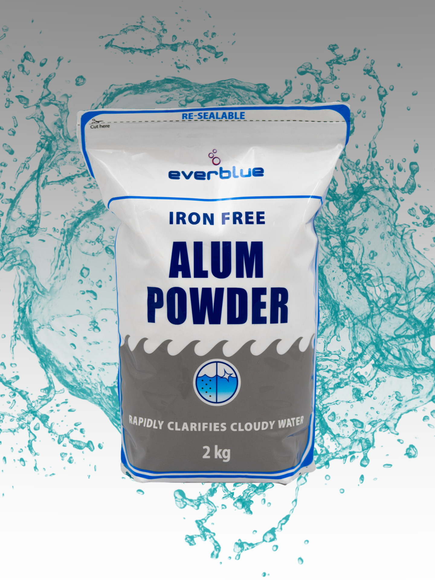 A package of Everblue brand Alum Powder for pool maintenance, with a graphic of splashing water in the background.