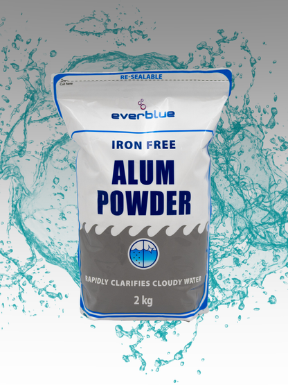 A package of Everblue brand Alum Powder for pool maintenance, with a graphic of splashing water in the background.