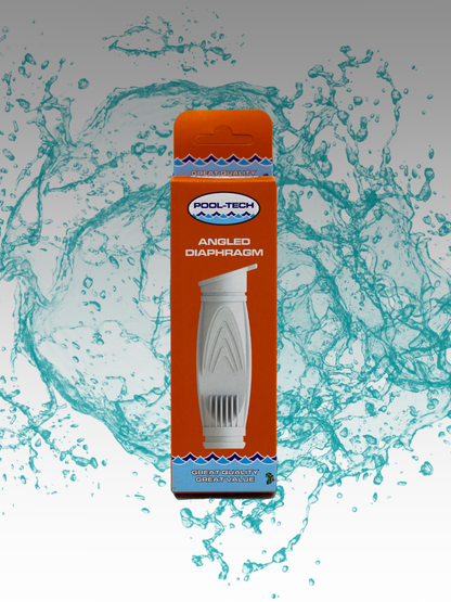 Packaging of  angled diaphragm with a white and orange color scheme and a graphic of water splashing around.