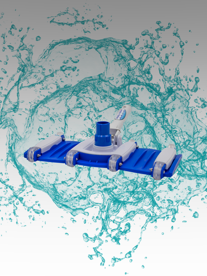 An 8 Wheel Sweeper for pools, with blue, white, and gray colors, featured in a dynamic water splash background.