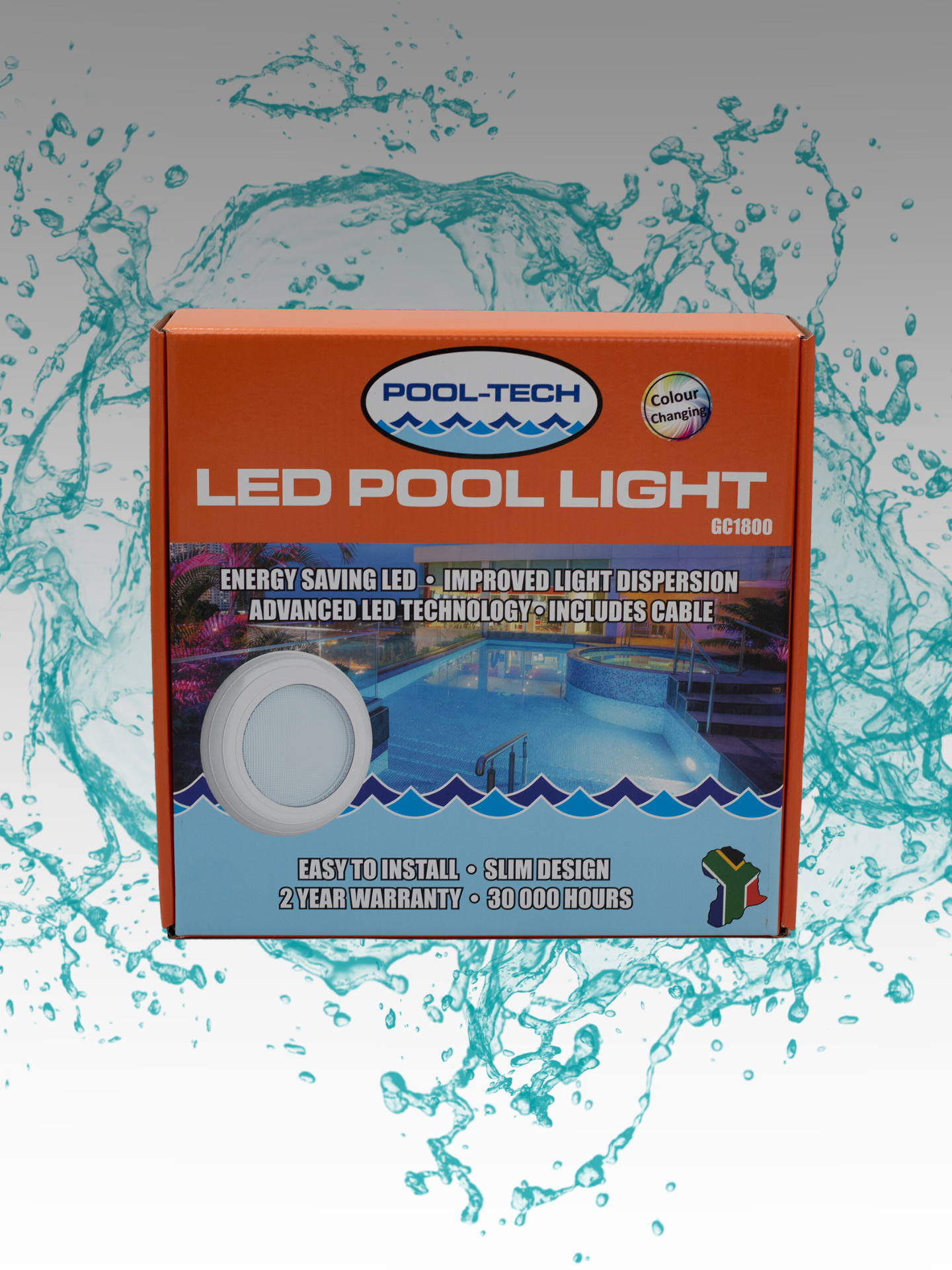  LED Pool Light in Hawaiian Blue with a splash graphic design indicating the product is for pools and includes energy-saving features.