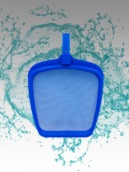 A blue leaf skimmer with a sturdy net, placed on a pool of water, with a splash of water around it.
