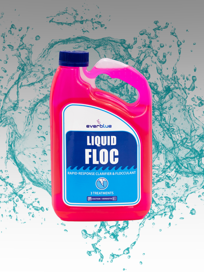 A pink plastic bottle labeled 'Liquid FLOC' used for clarifying and flocculating water, with a splash of water graphic behind it.