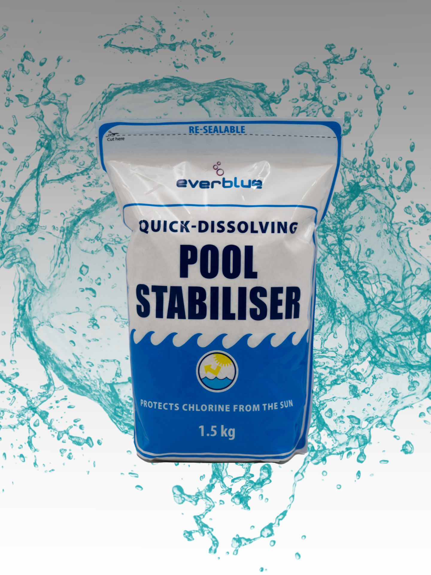 A package of EverBlue Quick Dissolving Pool Stabiliser with a dynamic splash background.