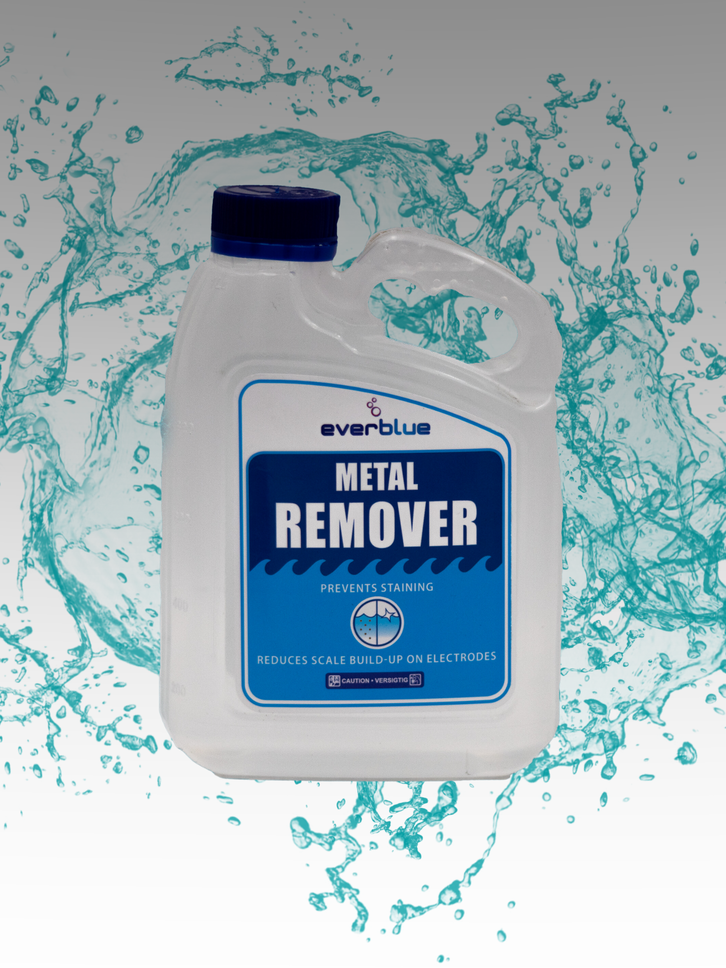 A bottle of Everblue Metal Remover for pools, with a label and cap, surrounded by simulated water splashes.