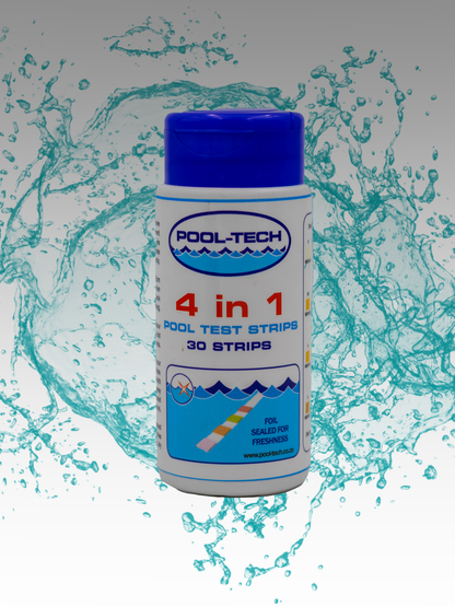A bottle labeled '4 in 1 Test Strips' for pool water testing with a graphic of a pool and water splashing around it.