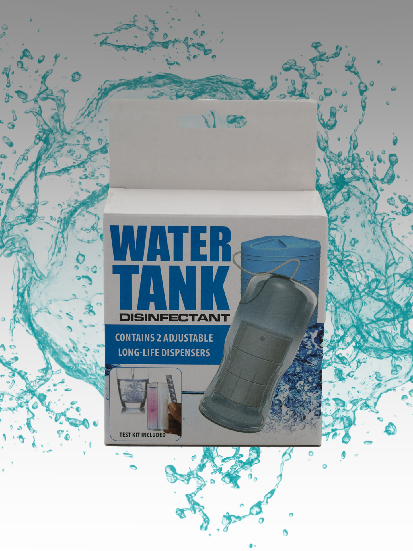 Packaging for a Water Tank Dispenser with a graphic of a water tank and a blue splash background.