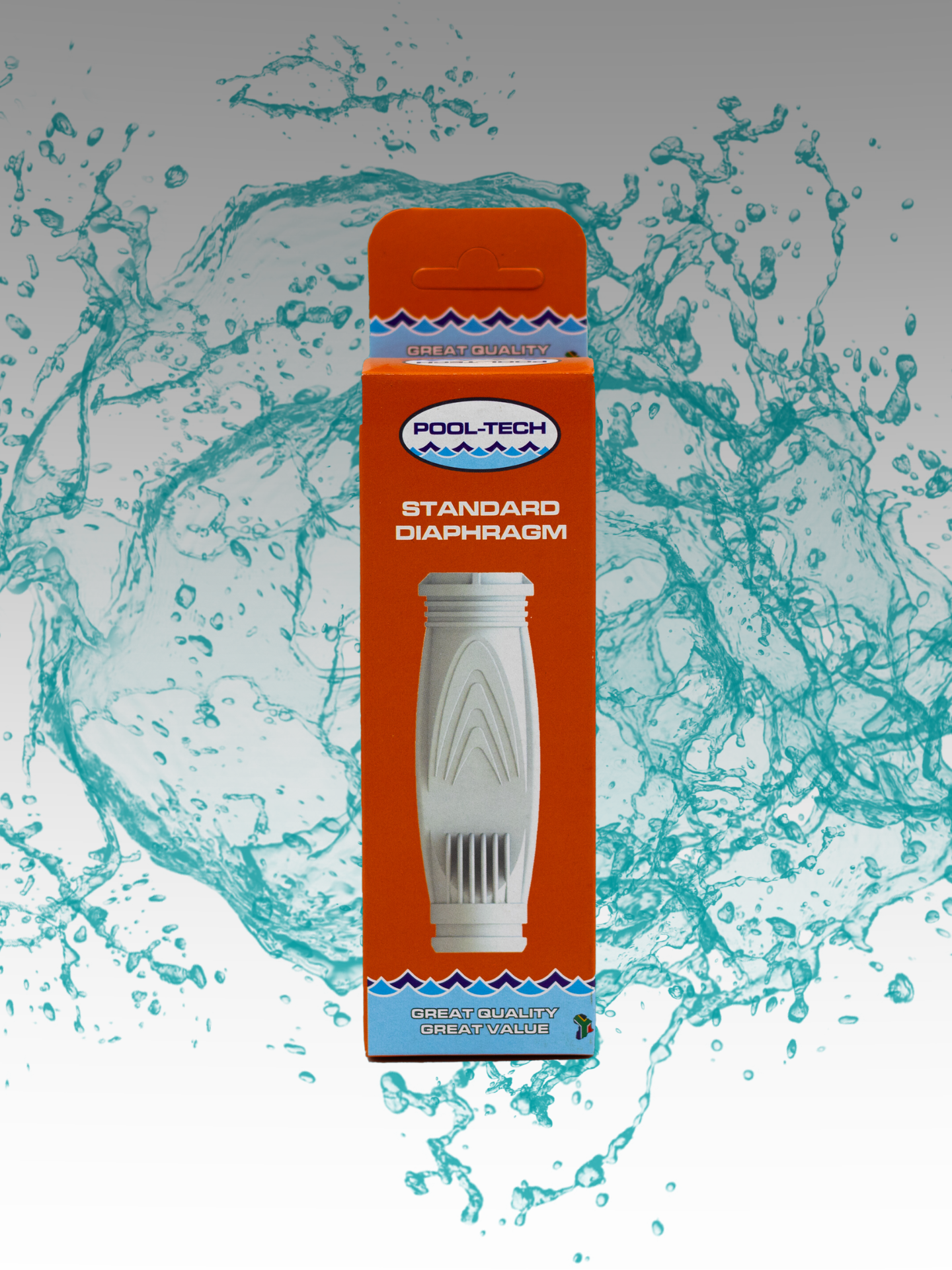 Packaging of 'Standard Diaphragm' for pool cleaners with a white diaphragm and orange background, featuring a splash of water graphic.