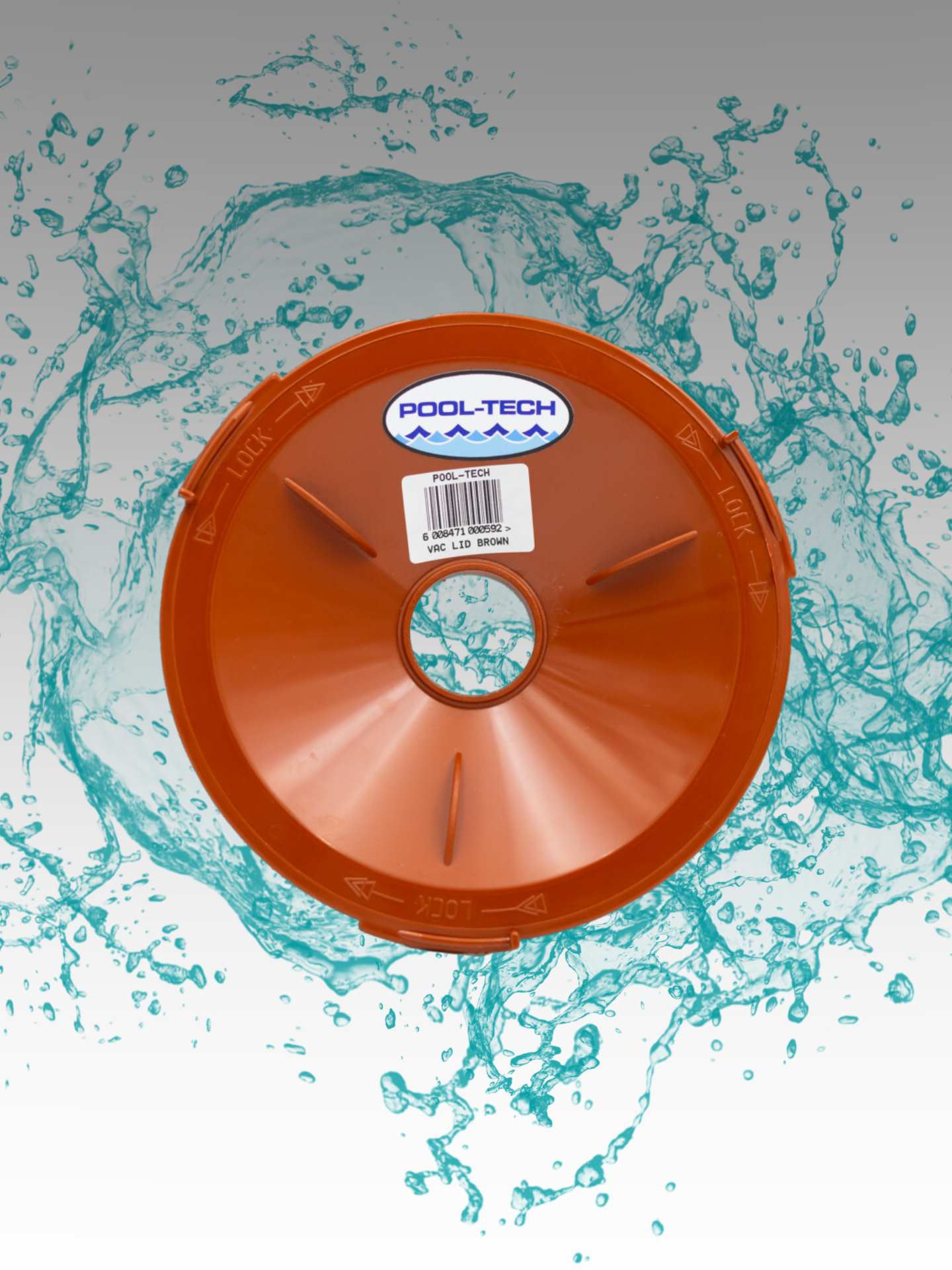 An orange vacuum lid with the POOL-TECH brand logo, surrounded by simulated water splashes.