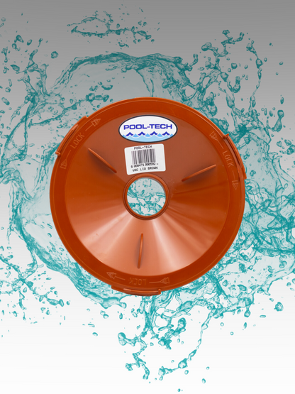 An orange vacuum lid with the POOL-TECH brand logo, surrounded by simulated water splashes.