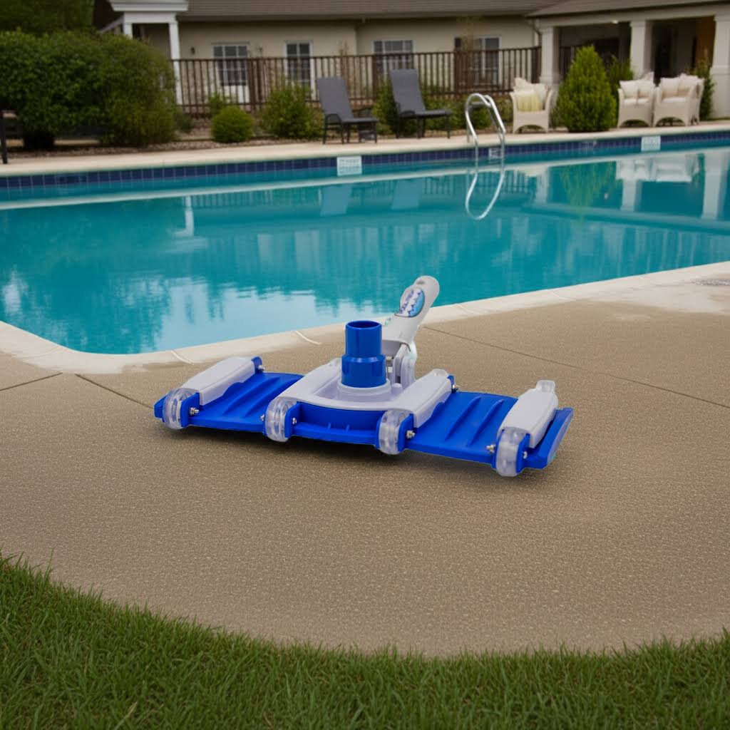 8 wheel sweeper pool deck with a pool and chairs in the background