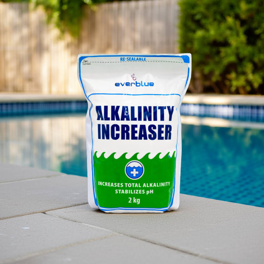 Bag of everblue Alkalinity Increaser by a pool