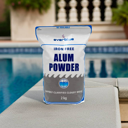 Bag of iron-free alum powder by everblue on a poolside background