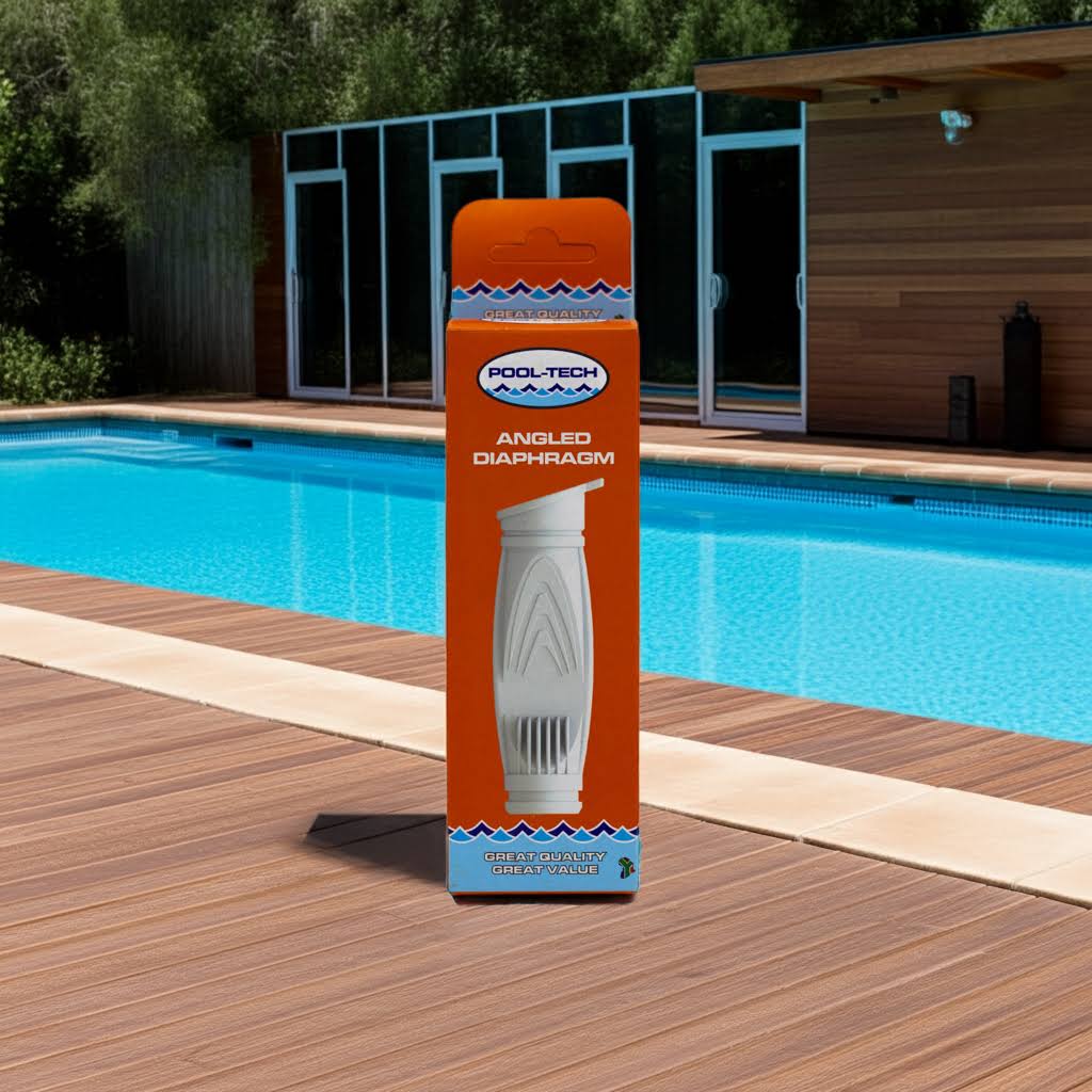 Pool Tech angled diaphragm packaging in front of a pool