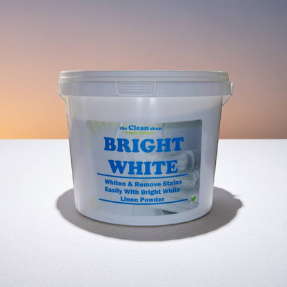 Bucket of 'Bright White' linen powder with a gradient background