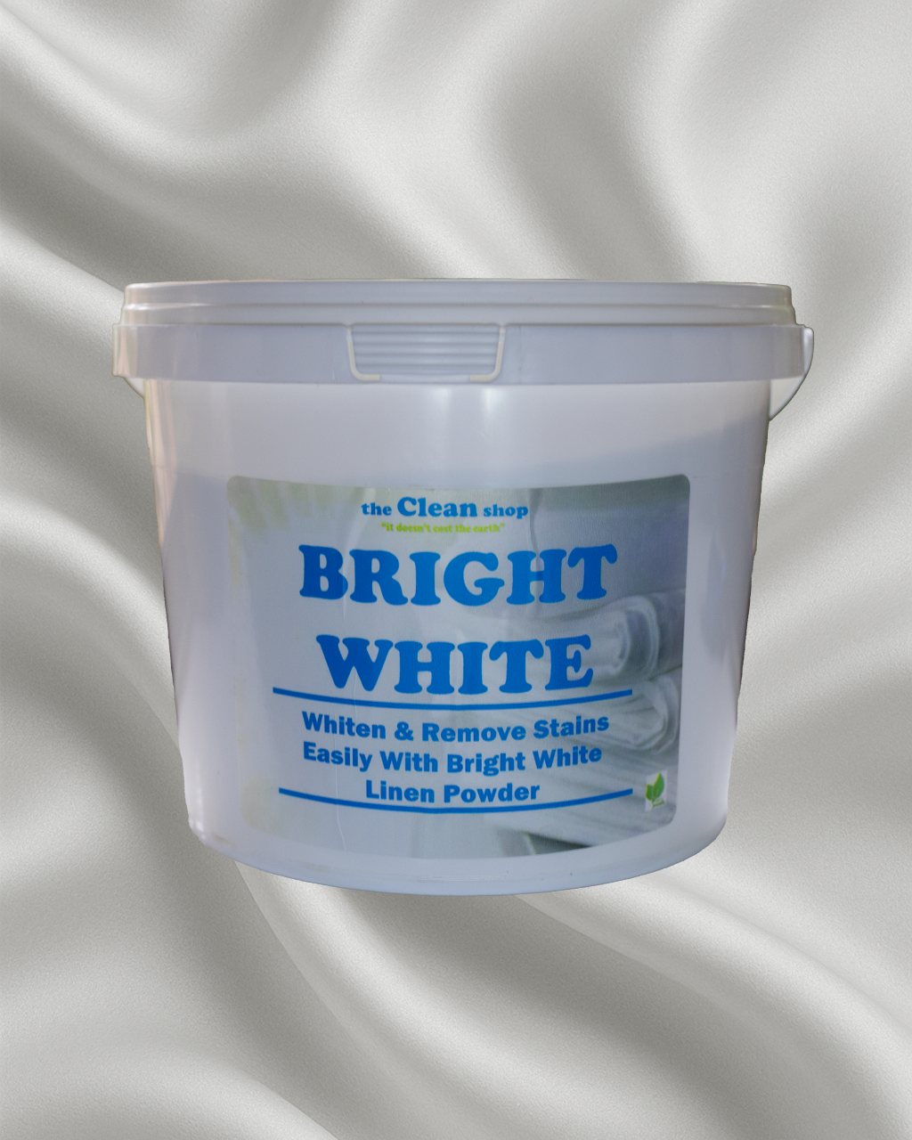 Container of 'Bright White' linen powder with a white background