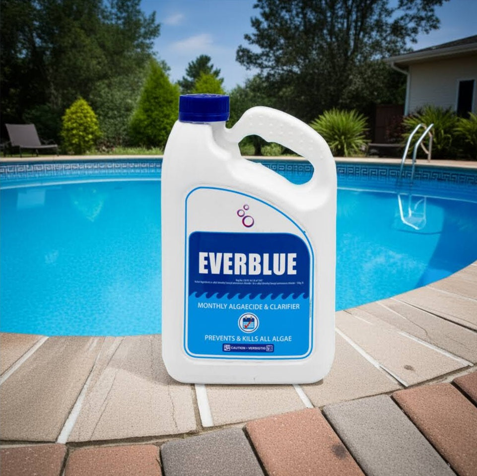 Everblue pool clarifier bottle by a swimming pool