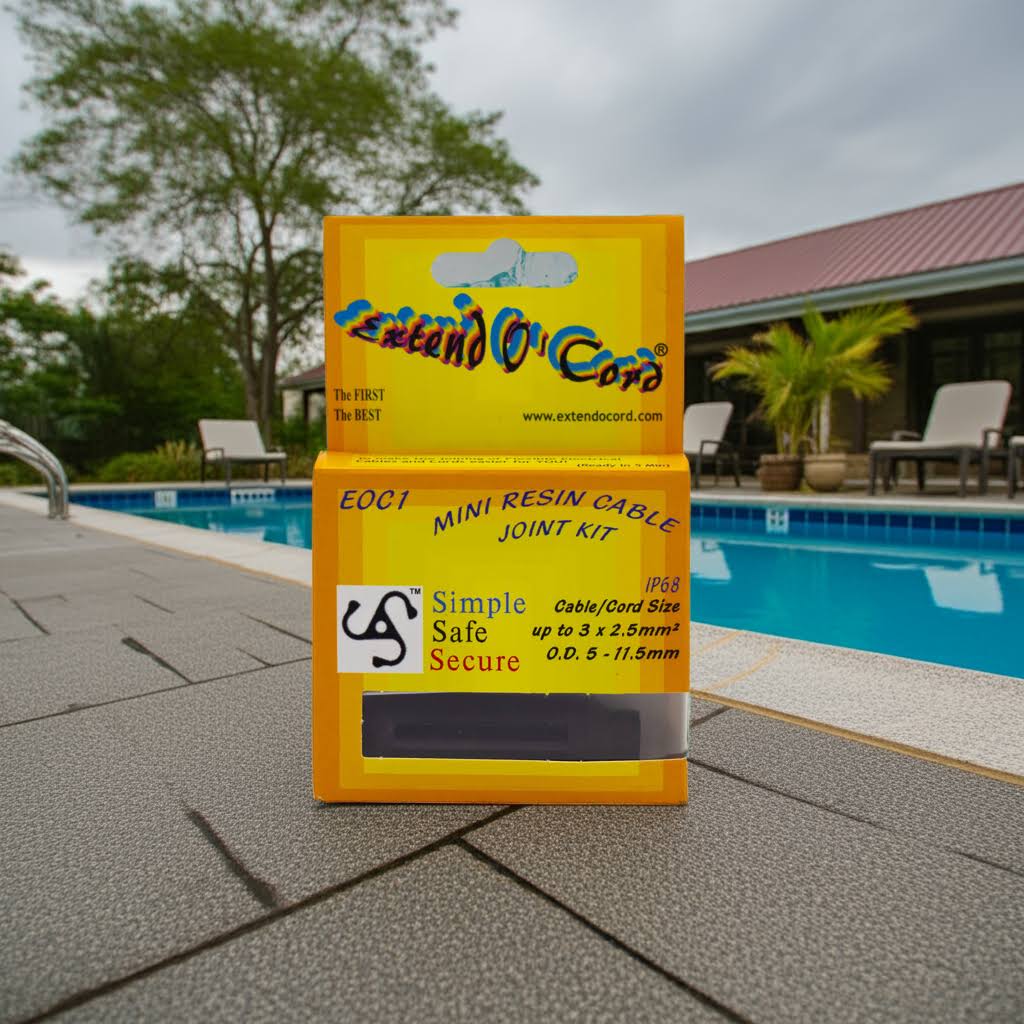 Yellow box  'Extend a Cord' by a poolside