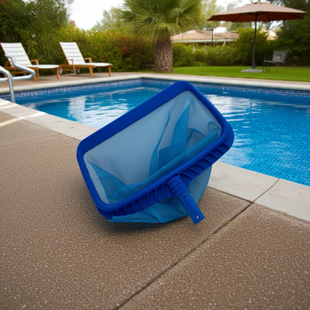 Blue pool skimmer net on a pool deck with a pool and lounge chairs in the background.