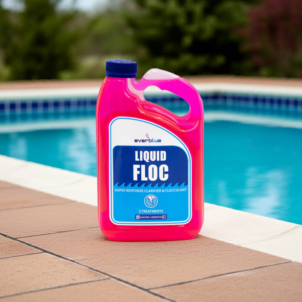 Pink bottle of Liquid Floc by Everblue by a pool