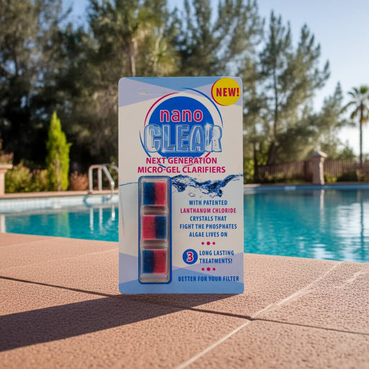 nano gels CLEAR pool clarifier packaging by a pool with trees in the background