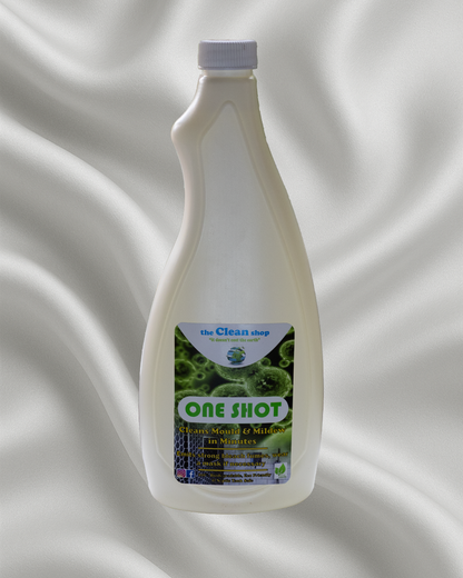 Bottle of 'One Shot' cleaning solution on a textured white background