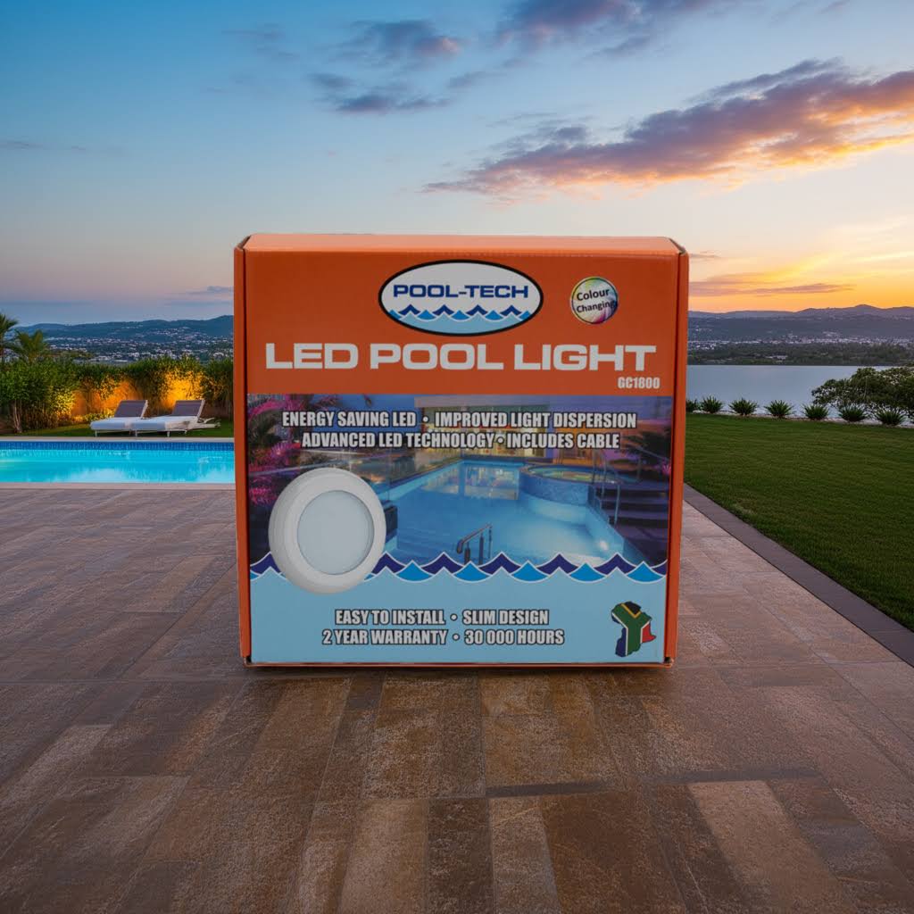 Pool-Tech LED pool light packaging with a pool and sunset in the background