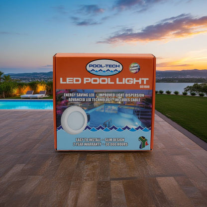 Pool-Tech LED pool light packaging with a pool and sunset in the background