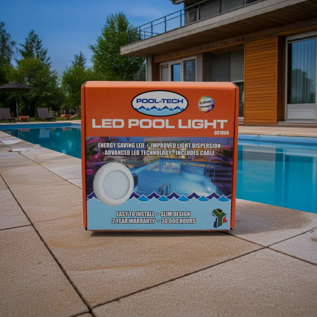 Pool-Tech LED pool light packaging on a patio with a pool in the background