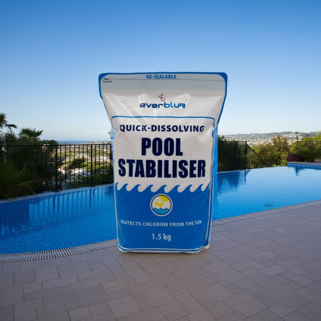 Bag of pool stabiliser by everblue in front of a pool