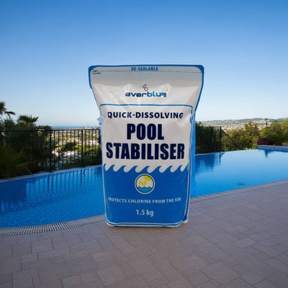 Bag of pool stabiliser by everblue in front of a pool