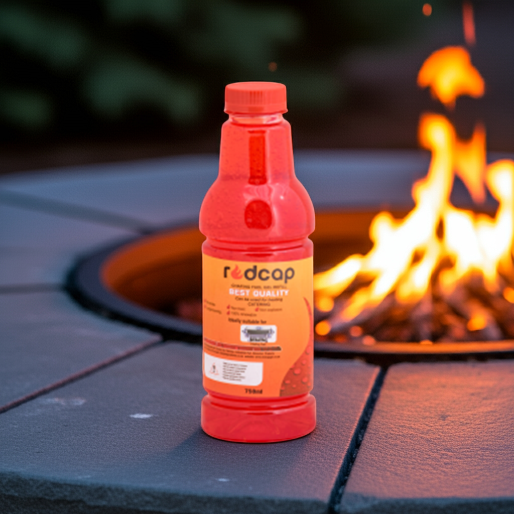 Redcap product bottle on a fire pit with flames in the background