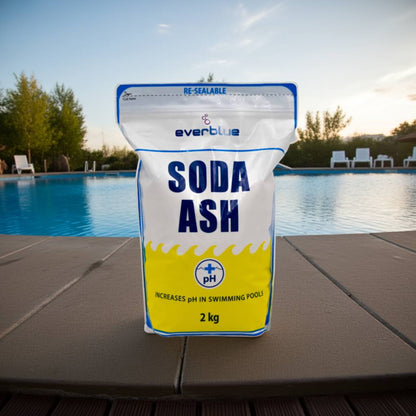 Bag of evertblue Soda Ash by a pool