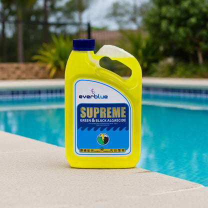 Yellow bottle of EverBlue Supreme Green & Black Algaecide by a pool