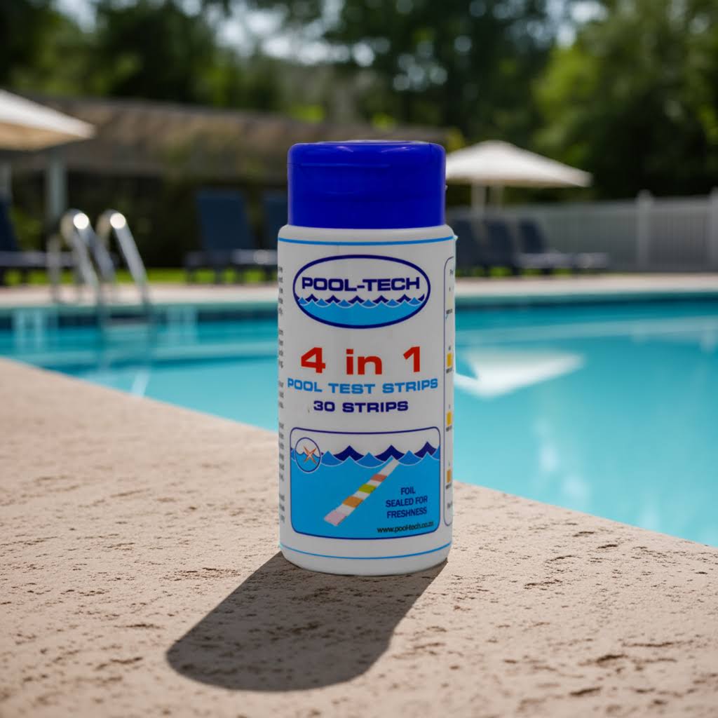 Pool-Tech 4 in 1 pool test strips container by a pool