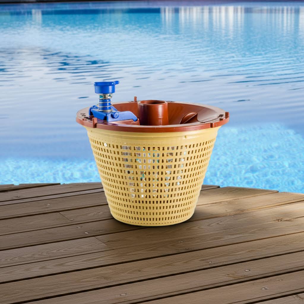 vac and valve basket t on a wooden deck by a pool