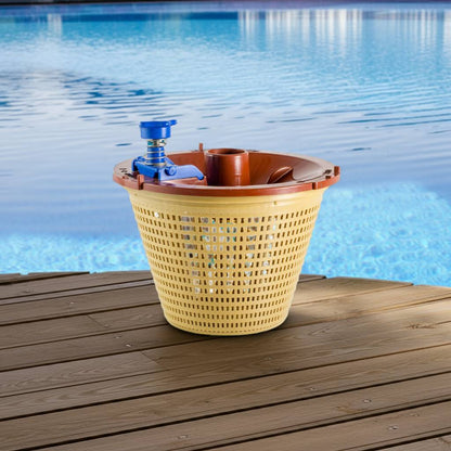 vac and valve basket t on a wooden deck by a pool