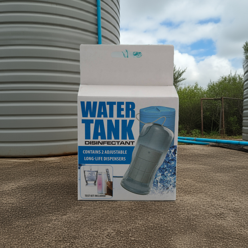 Box of water tank disinfectant with a water tank in the background
