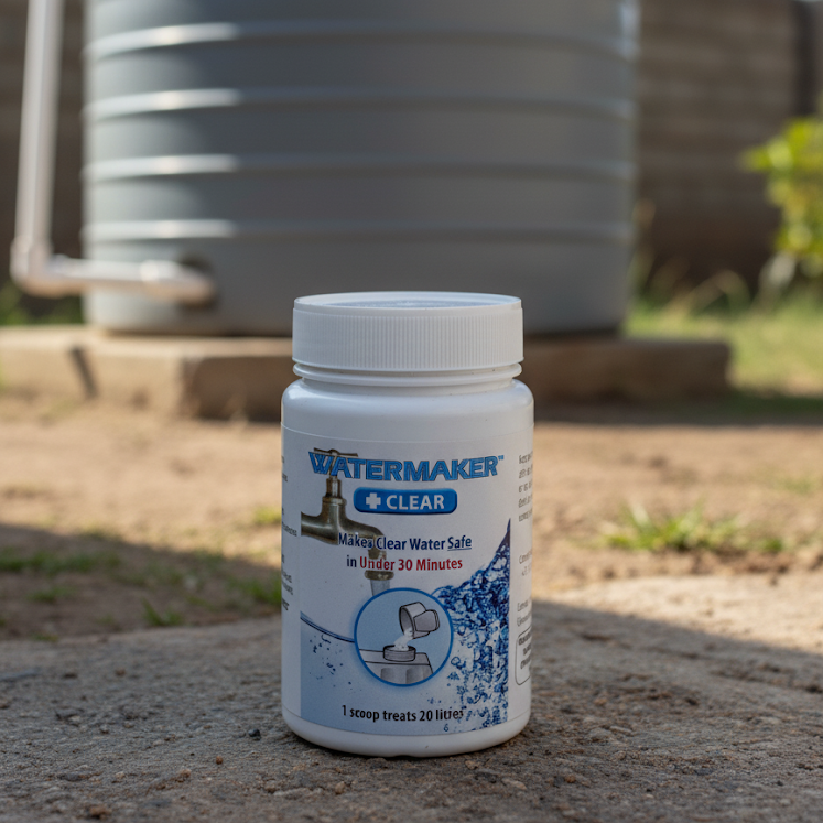 Watermaker Clear bottle on a concrete surface with a water tank in the background